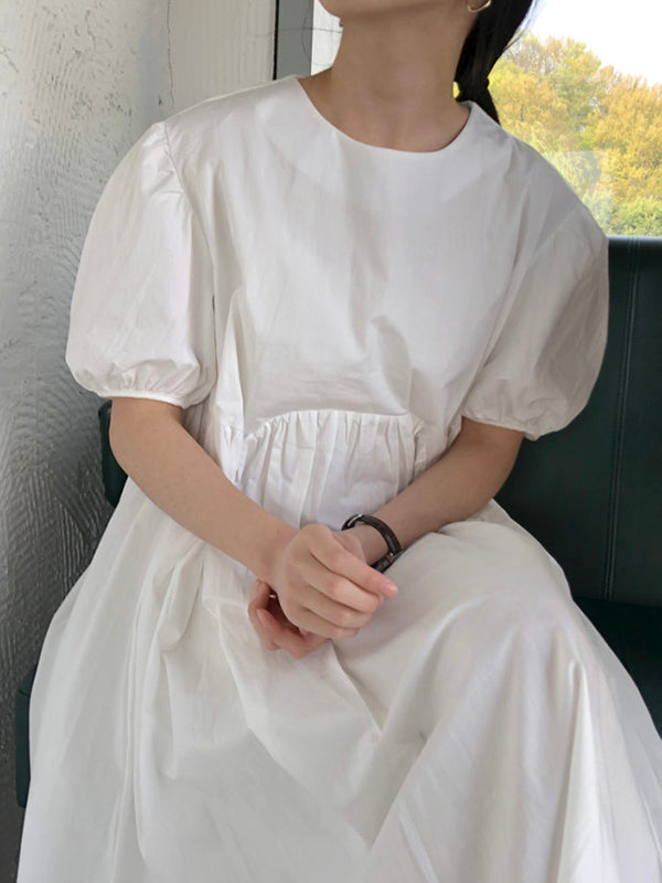 Original Loose Color Pleated Puff Sleeves Midi Dress