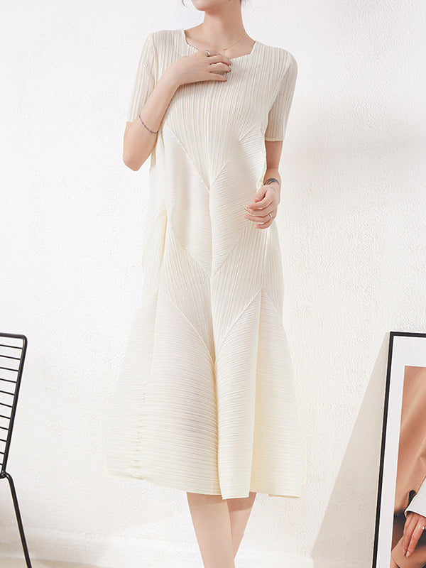 Short Sleeves Pleated Color Round-neck Midi Dresses