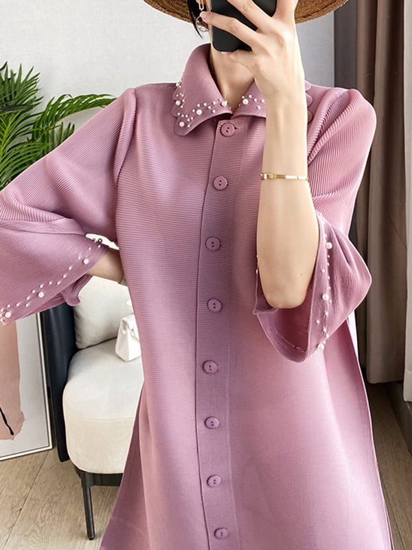 Loose Three-quarter Sleeves Beaded Pleated Lapel Midi Dresses