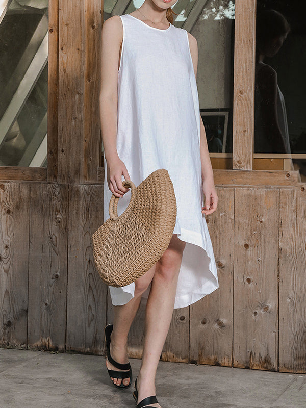 High-low Loose Color Round-neck Midi Dresses