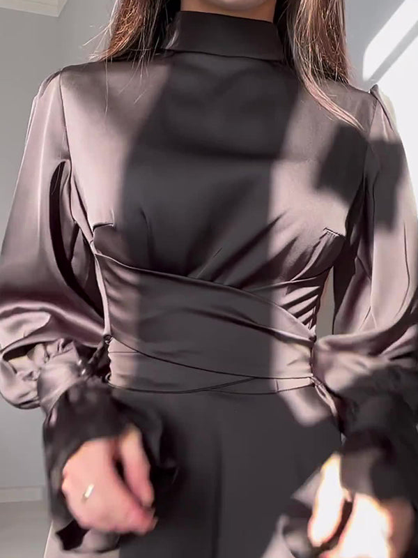 A-line Long Sleeves Pleated Color Tied Waist Zipper Mock Neck Maxi Dresses