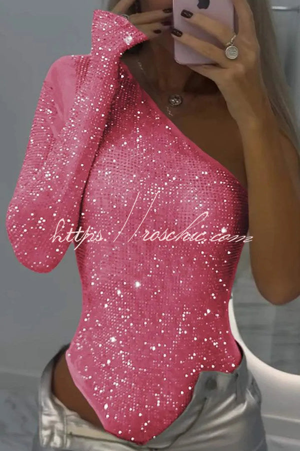 Color Sequined One-shoulder Slim-fit Rompers