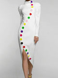 Long Sleeves Buttoned Contrast Color High Neck Midi Dresses