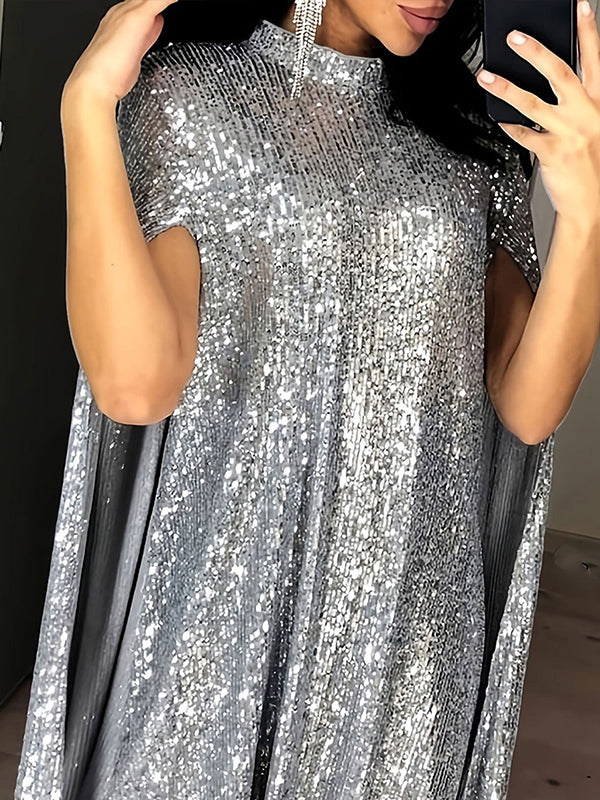 Cape Long Sleeves Sequined Shiny Split-joint Mock Neck Mini Dresses