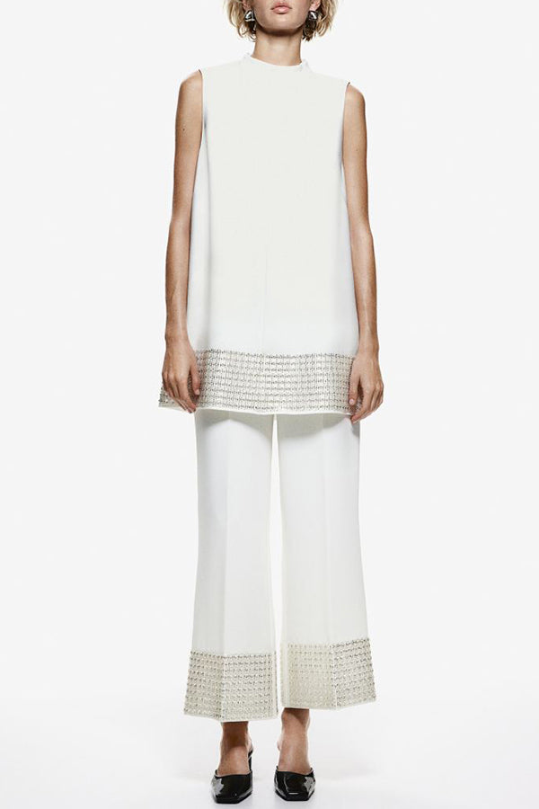 Simple but Not Simple Sequin Trim Back Elastic Waist Crop Loose Pants