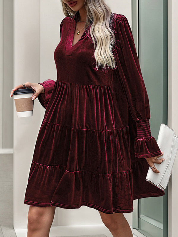 A-line Long Sleeves Pleated Color Velvet V-neck Mini Dresses
