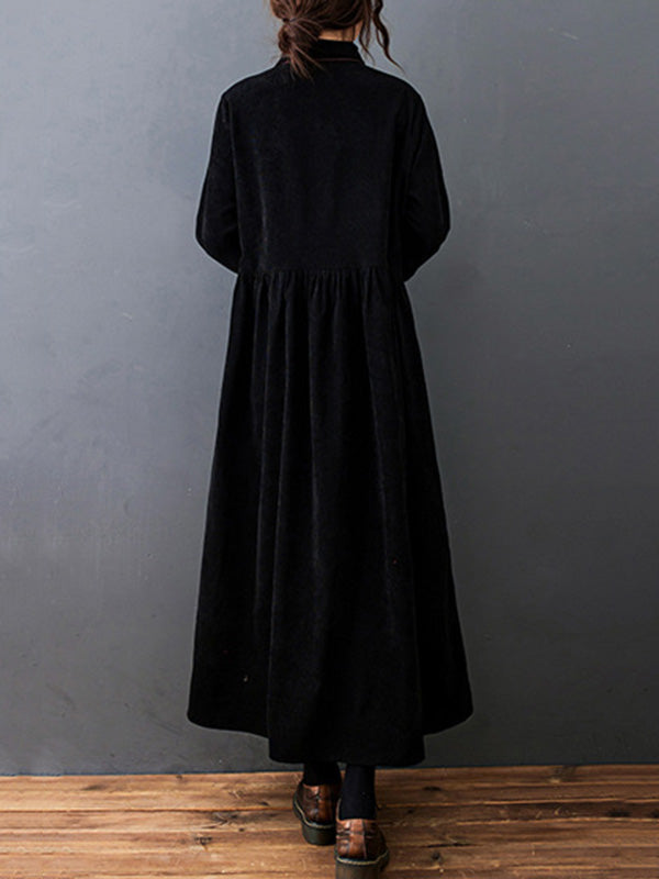 Split-joint Color Long Sleeves Lapel A-line Corduroy Midi Dress