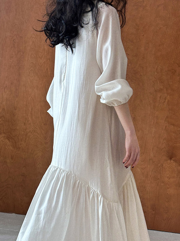 High Waisted Long Sleeves Elasticity Pleated Color Split-joint Zipper V-neck Midi Dresses