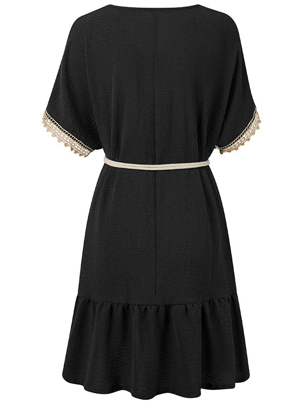 Short Sleeves Belted Split-joint V-neck Mini Dresses