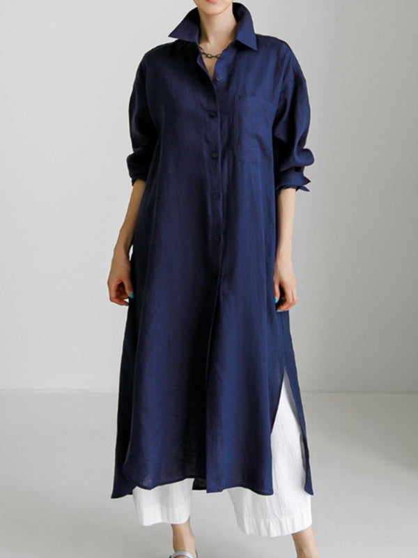 Simple Long Sleeves Split-side Color Lapel Midi Dresses Shirt Dress