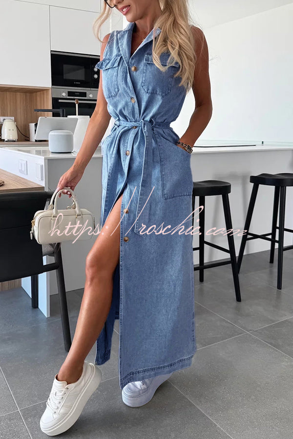 Color Sleeveless Single Breasted Waist Tie Pocket Denim Midi Dress