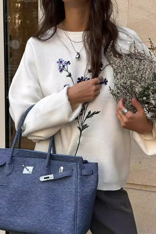 Embroidered Long Sleeve Knit Sweater