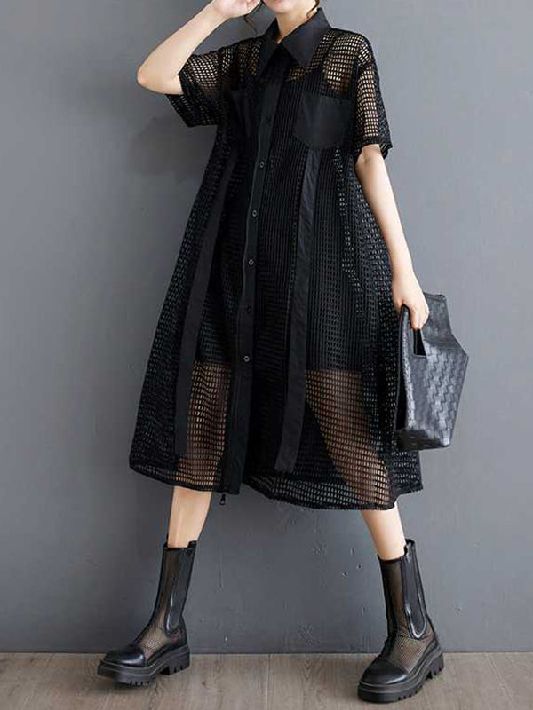 Half Sleeves Loose Hollow Color Split-joint Zipper Lapel Midi Dresses Shirt Dress