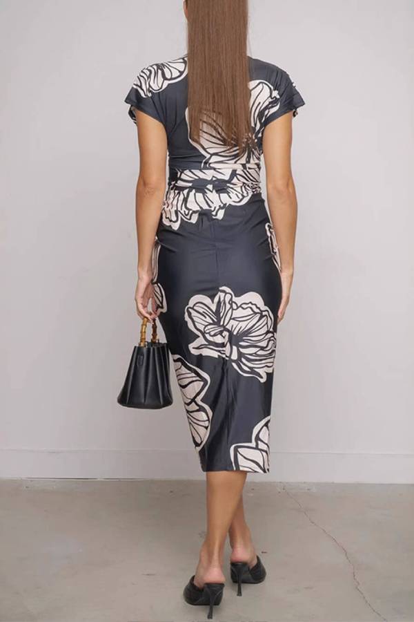 Unique Bella Contrast Color Unique Print Dolman Sleeve Ruched Slit Midi Dress