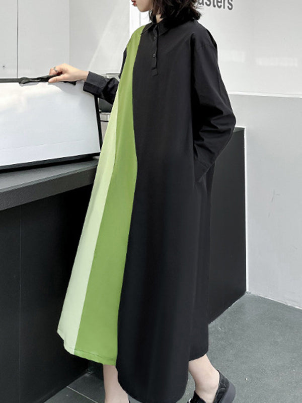 Long Sleeves Loose Asymmetric Buttoned Contrast Color Split-joint Lapel Midi Dresses Shirt Dress