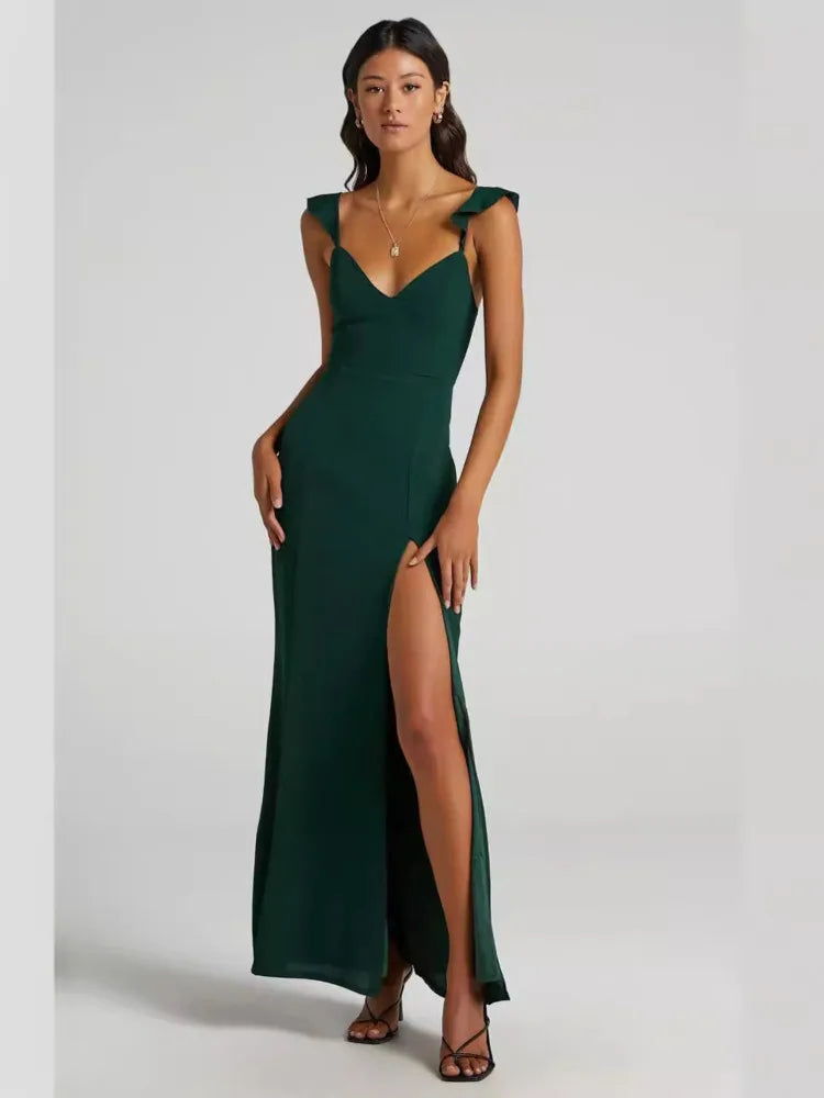 Sleeveless High Slit Bodycon Party Club Evening Dress Pleated High Waisted Vestido Slim Long Dress