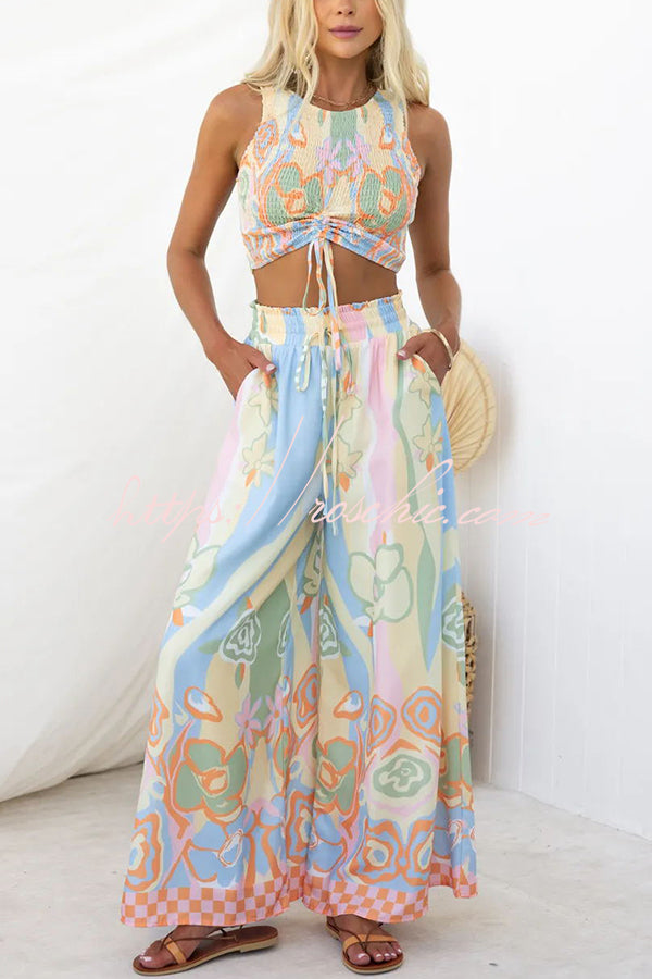 It's Your Vacation Print Elastic Drawstring Waist Pocket Wide Leg Pants