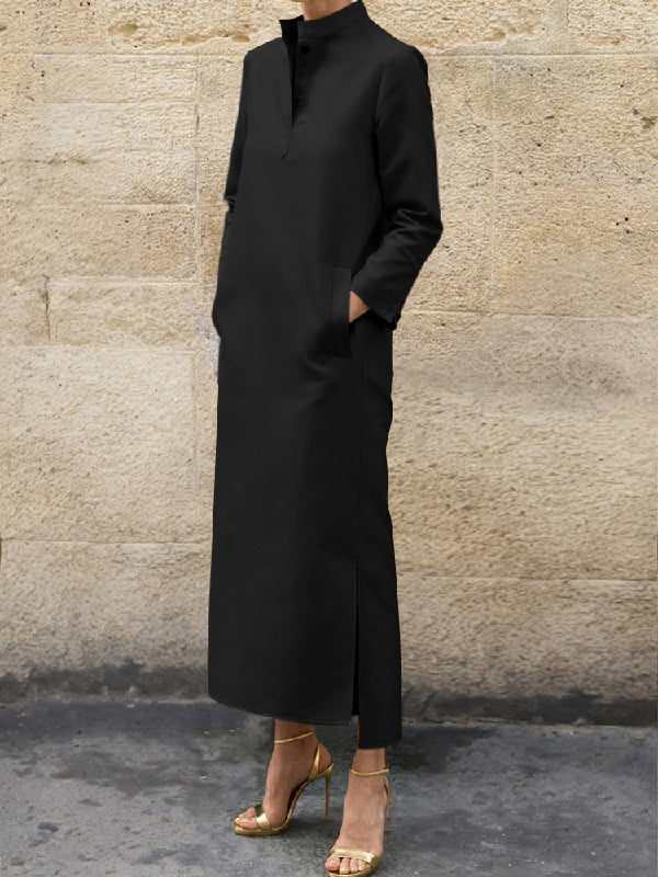 Long Sleeves Loose Color Split-side Stand Collar Midi Dresses