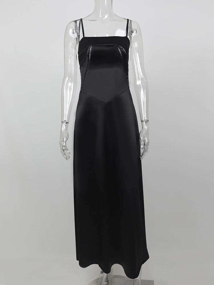 Lace-up Satin Maxi Slipdress Black Spaghetti Strap Sleeveless Backless Maxi Dress Femme Club Party Evening Dress