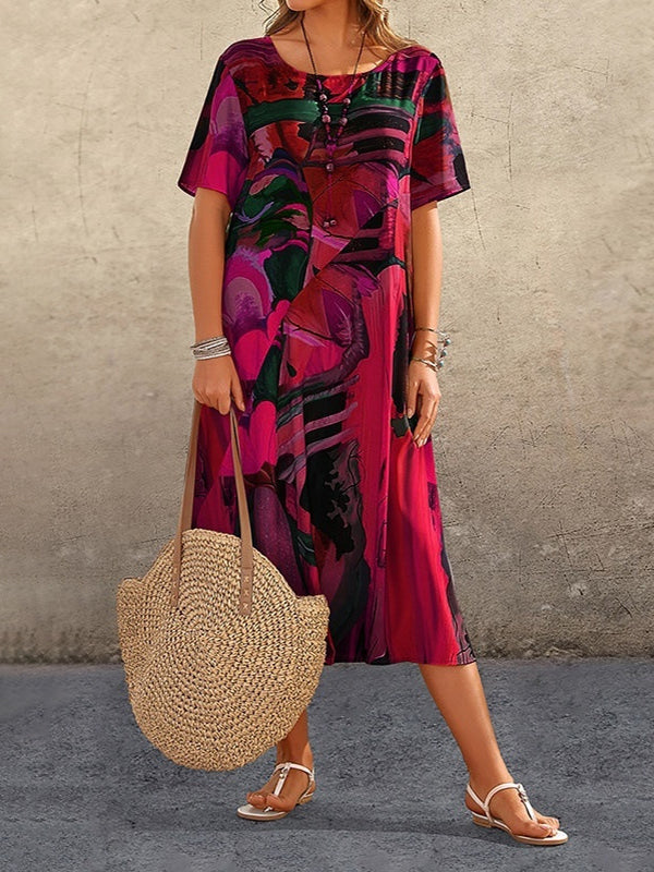 A-line Loose Printed Round-neck Midi Dresses