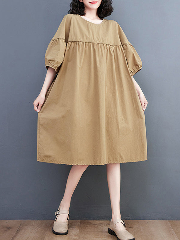 Loose Short Sleeves Color Round-neck Midi Dresses