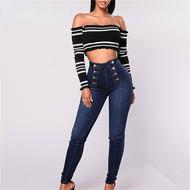 Skinny Double-breasted High Waist Pencil Jeans Slim Fit Stretch Denim Pants Full Length Denim Tight