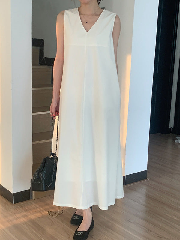 Loose Sleeveless Color V-neck Midi Dresses