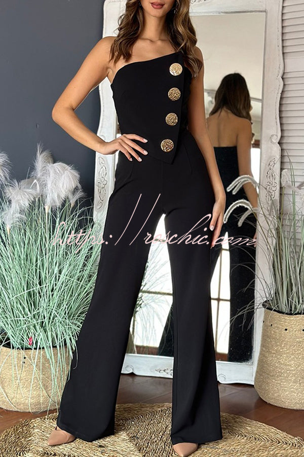 Color Tube Top Gold Button Embellished Bootcut Jumpsuit