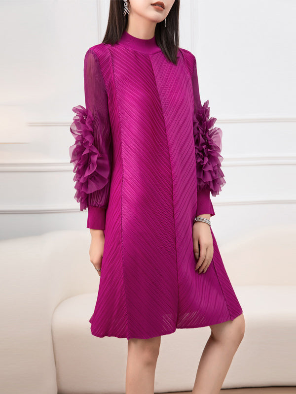 Long Sleeves Loose Embroidered Pleated Color Round-neck Midi Dresses