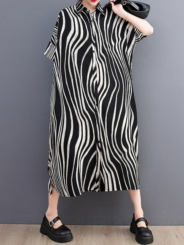 Raglan Sleeve Oversize Zebra-stripe Split-joint Lapel Midi Dresses Shirt Dress