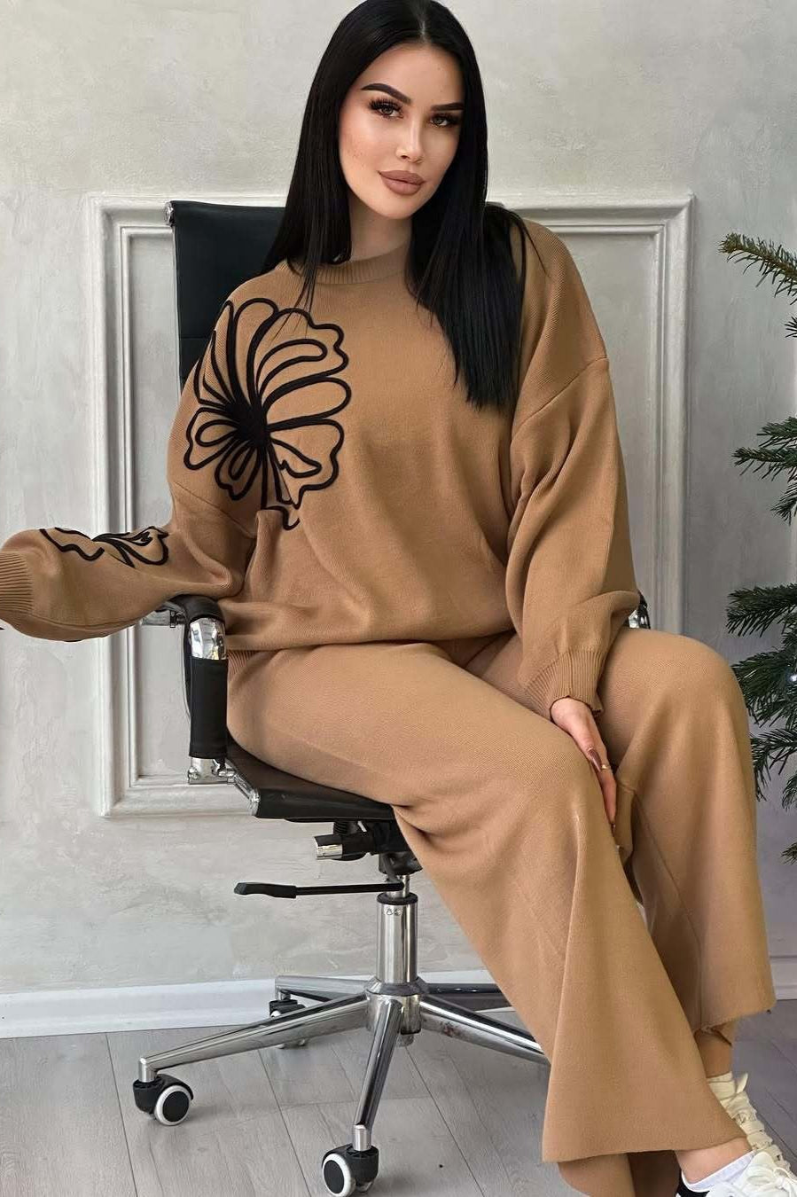 Round Neck Knit Sweater With Pants Two Piece Pants Set