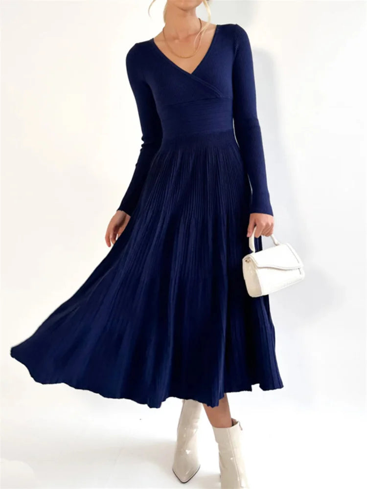 V-neck Backless Knit Maxi Dress for Slim Party Dress High Waist Ribbed Patchwork Long Dress