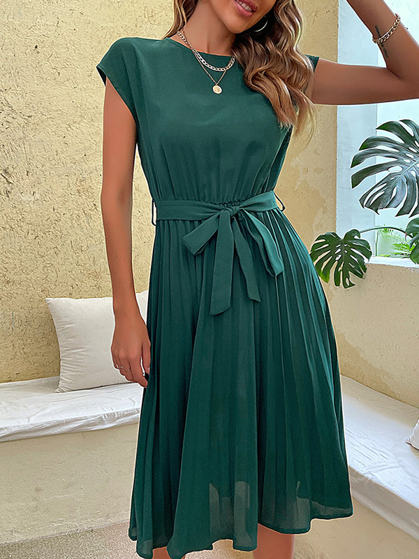 A-line Loose Pleated Color Tied Waist Round-neck Midi Dresses