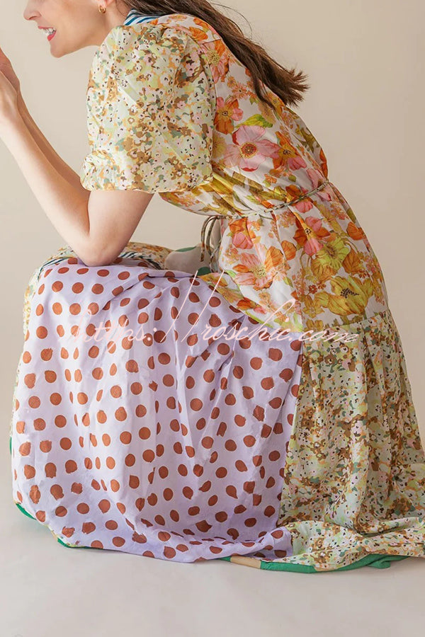 Linen Blend Unique Print Lapel Puff Sleeve Midi Dress