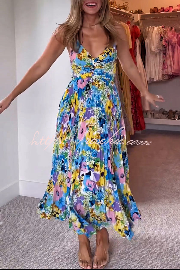 Wedding Party Season Print Pleated Back Tie-up Midi Dress