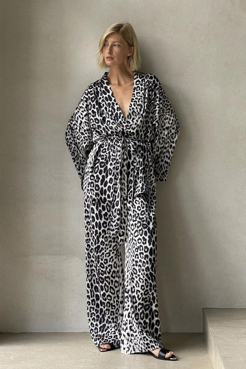 Printed Long-sleeve Shirt Belted Wide-leg Pants Two Piece Set