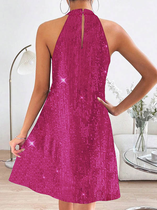 A-line Loose Hollow Sequined Color Halter-neck Mini Dresses