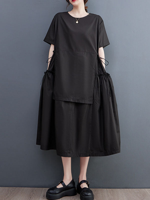 Loose Short Sleeves Color Split-joint Round-neck Midi Dresses