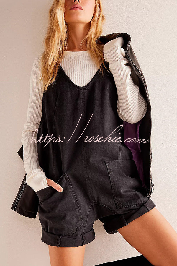 Stylish Loose Sleeveless Pocket Straps Adjustable Denim Rompers