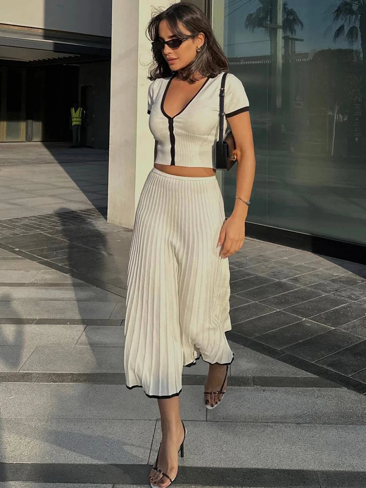 Knitted Fold Skirt Two Pieces Set Deep V Neck Short T-shirt Knitwear High Waist Skirt Patchwork Female Sets Summer