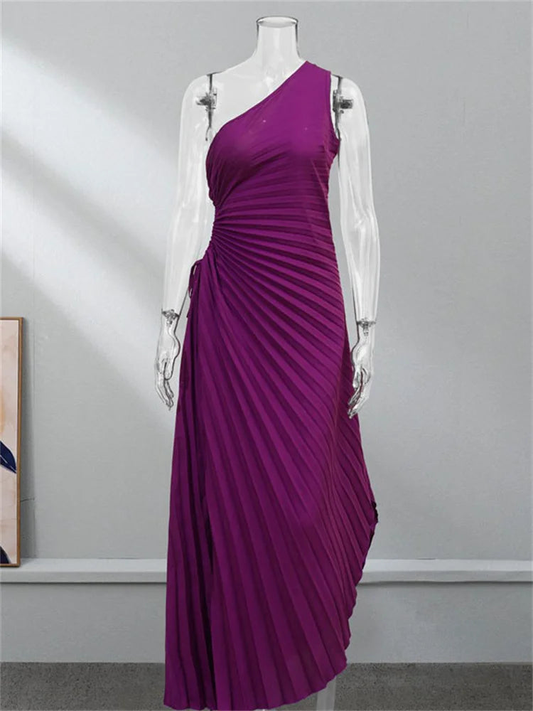 Female Dress Gown Pleated One-shoulder Sleeveless Summer Party Dress Slim for Maxi Dress