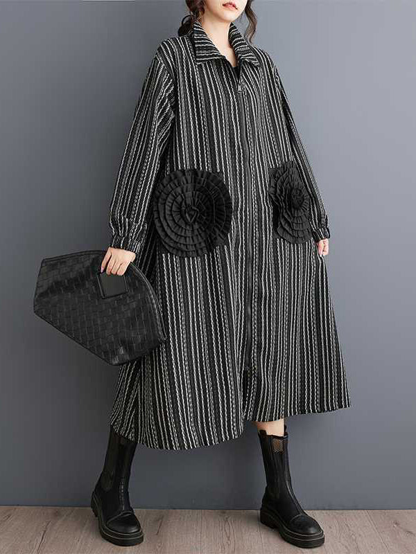 A-line Long Sleeves Elasticity Pockets Striped Zipper Lapel Midi Dresses