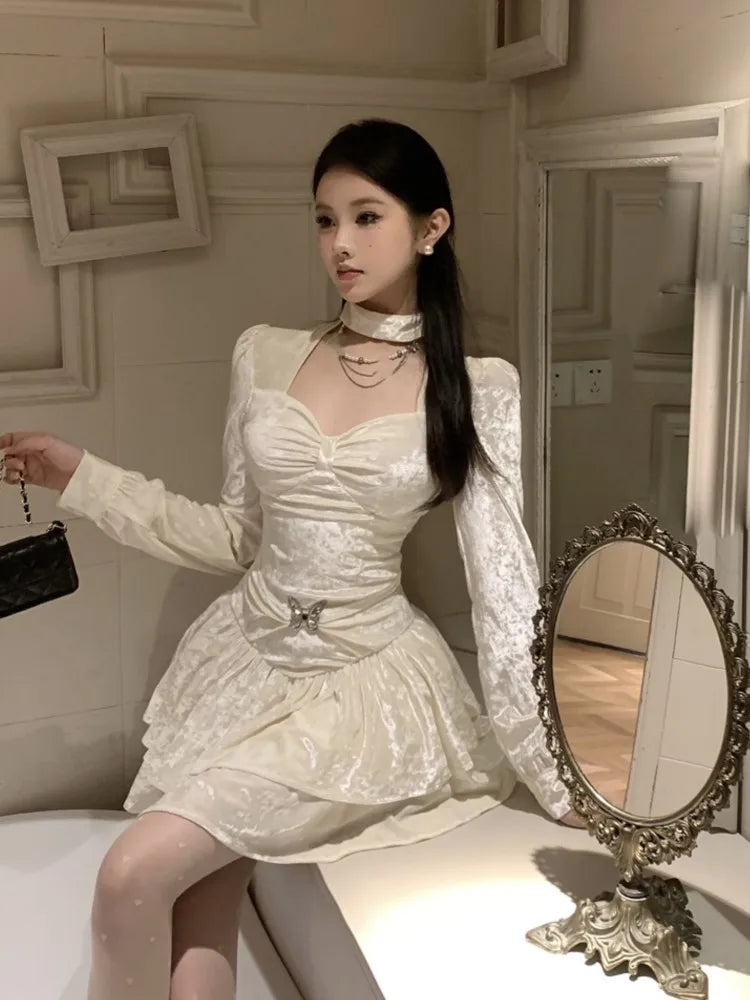 Y2k Velvet Mini Dress Square Collar Bodycon Layered Ruffles A-line Autumn Winter Princess Evening Party Prom Vestido Mujer