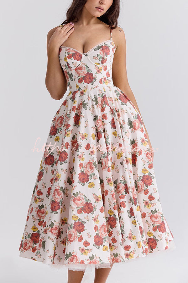 Fairy Tale Italian Rose Print Tulle Pocketed Slip Midi Dress