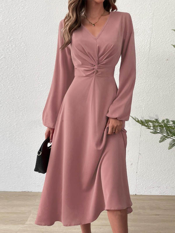 A-line High Waisted Pleated Color Zipper V-neck Midi Dresses