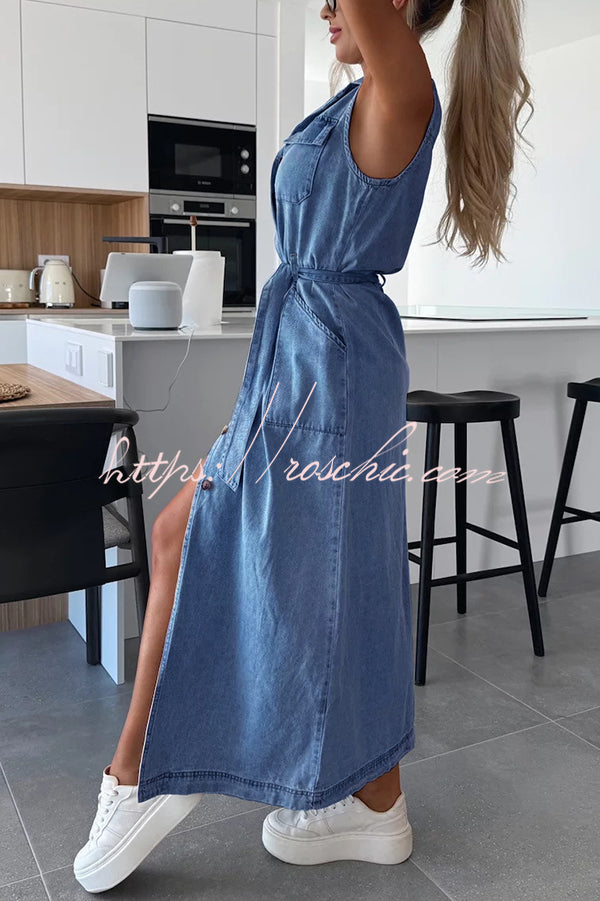 Color Sleeveless Single Breasted Waist Tie Pocket Denim Midi Dress