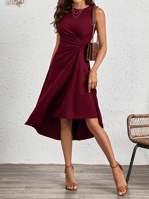 A-line High Waisted Asymmetric Pleated Color Split-joint Round-neck Midi Dresses