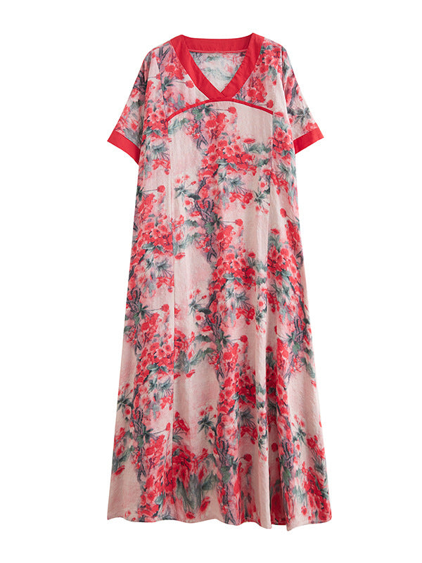 Loose Artistic Retro Printed Split-joint V-neck Midi Dress