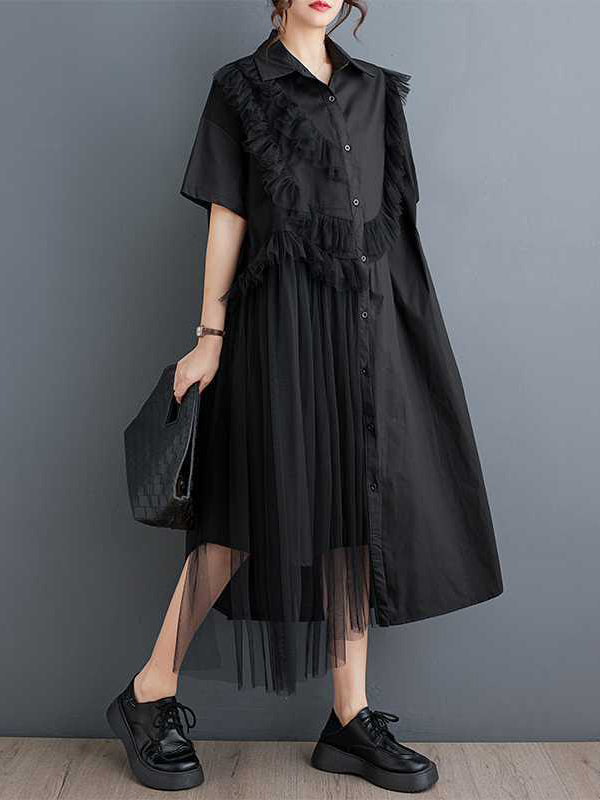 A-line Half Sleeves Asymmetric Buttoned Ruffled Color Split-joint Lapel Midi Dresses Shirt Dress