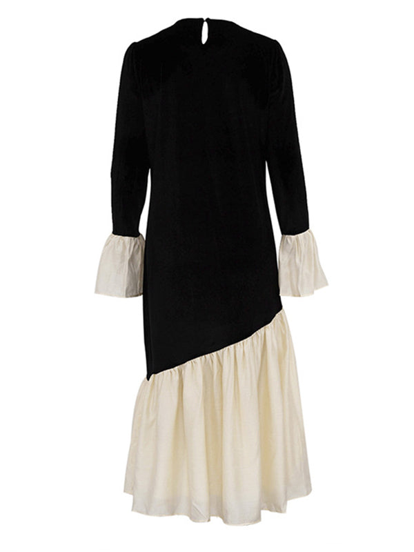 Flared Sleeves Long Sleeves Contrast Color Pleated Split-joint Round-neck Midi Dresses